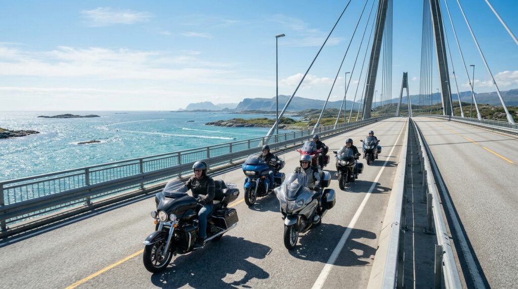 海沿いの橋を走るツーリング中のバイクの一団
