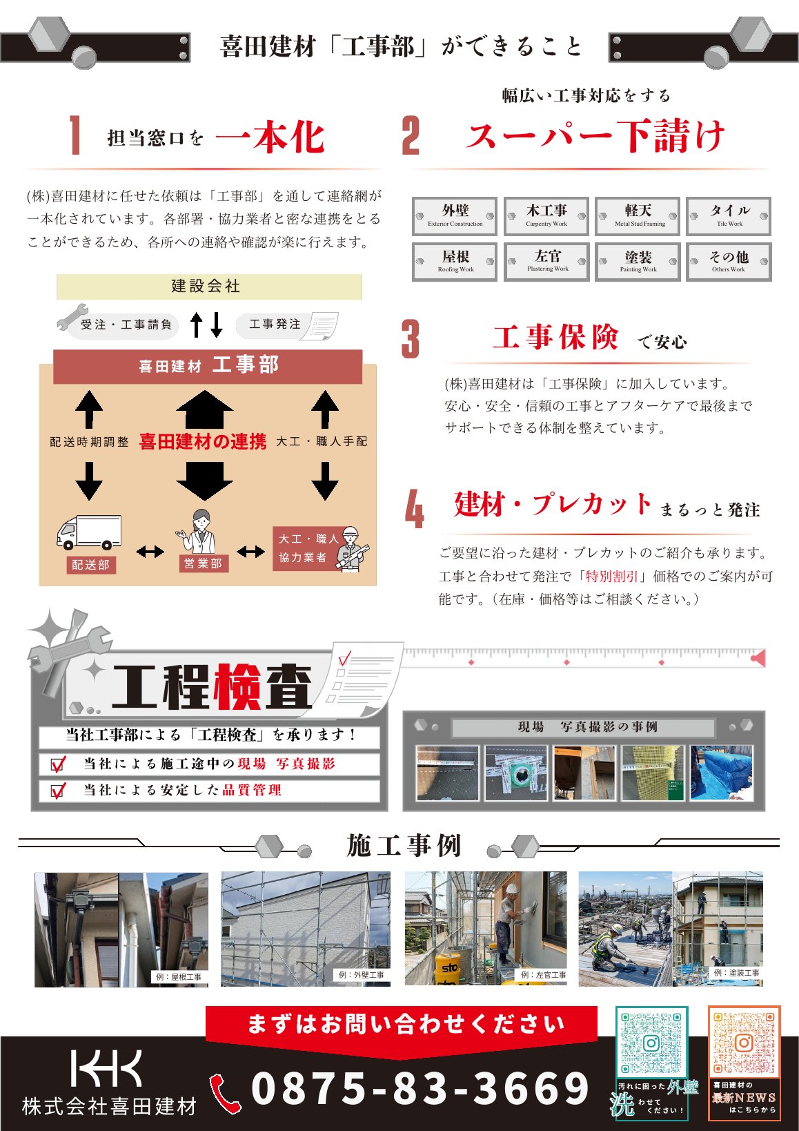 喜田建材 工事部チラシ(裏面):「工事部」ができること
