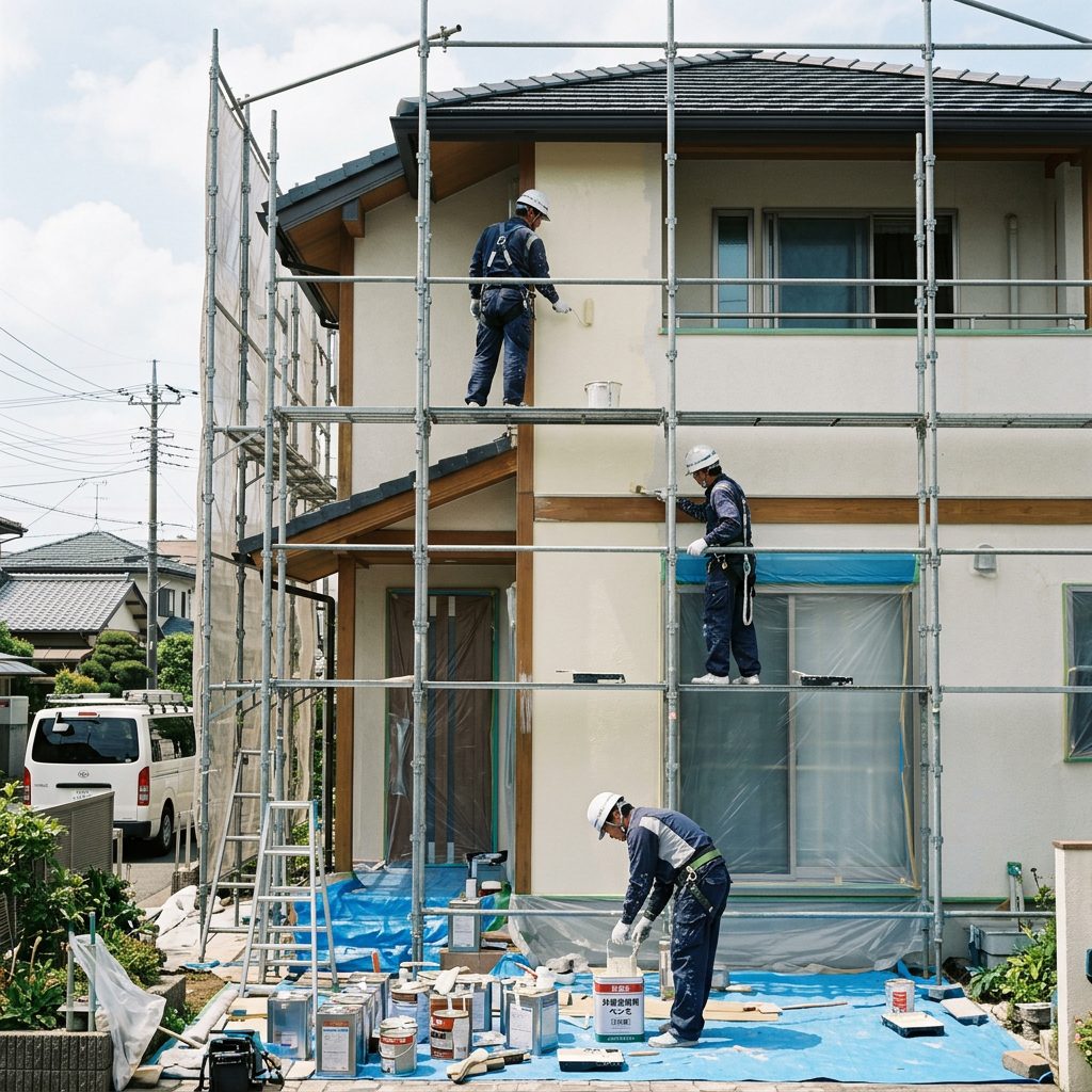 塗装工事の様子(足場上での外壁塗装)