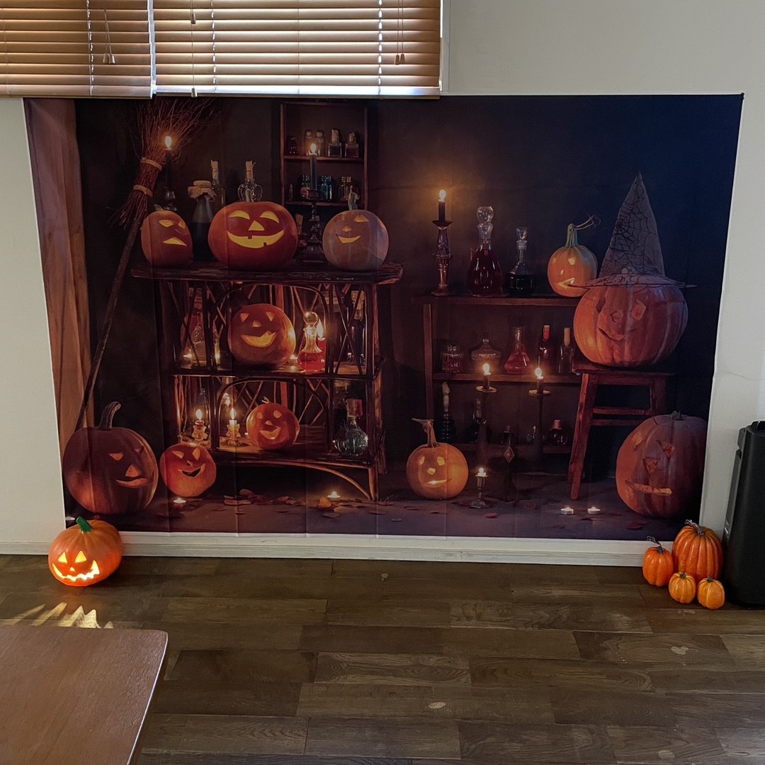 COTON101のワンちゃん用フォトスポット。かぼちゃとキャンドルが並ぶハロウィンの背景布